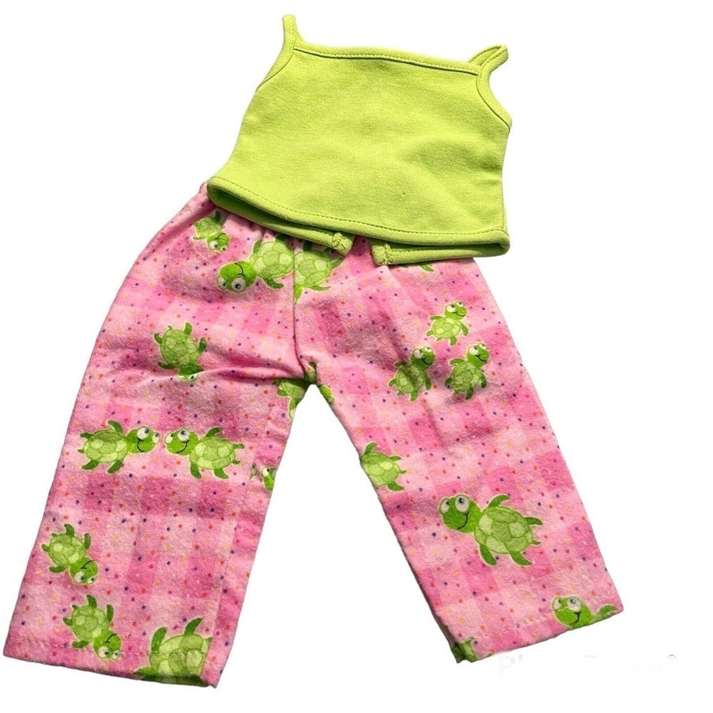 Doll Pajama Set Fits 18” Green Pink Pants Tank Top Turtle Print